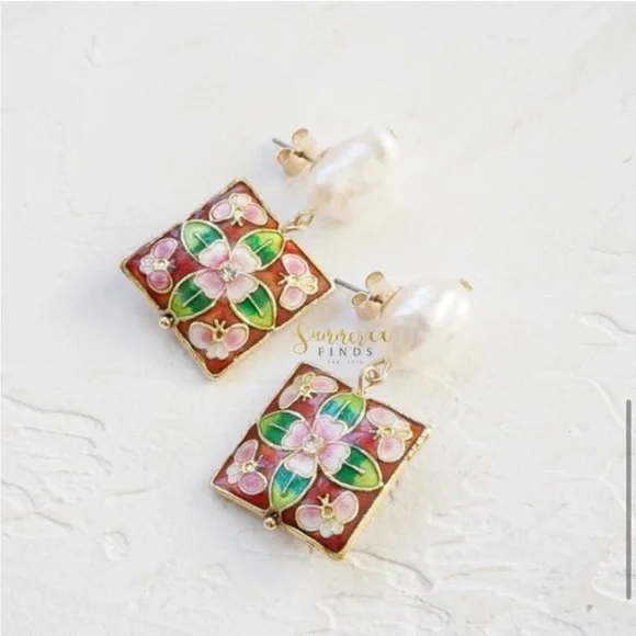 NWT Anthropologie Cloisonne Pearl Drop Earrings - Picture 4 of 7